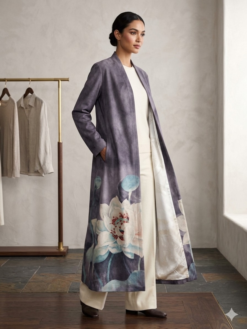 Long Floral Watercolor Duster Coat - Purple